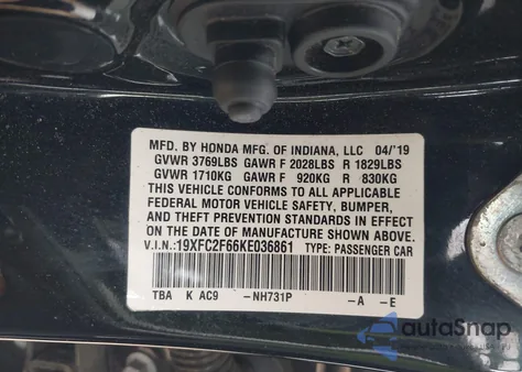 2019 Honda Civic Lx из США, поврежденный, VIN 19XFC2F66KE036861